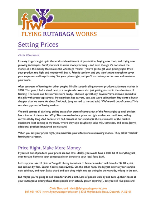 Setting Prices (Chris Blanchard, Flying Rutabaga Works)